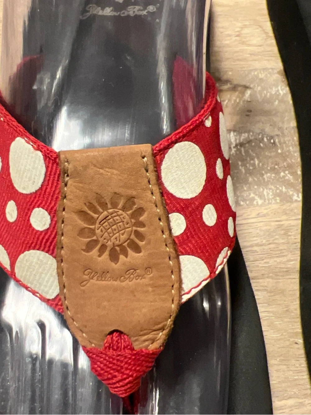 Yellow Box Red and White Polka Dot Thong Sandals with Brown Accent - Picture 3 of 7